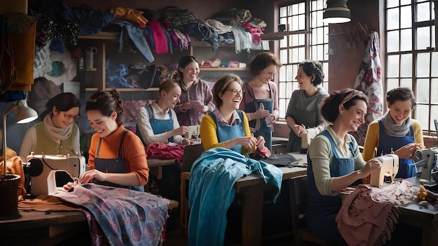 osoby haftujące przy stole